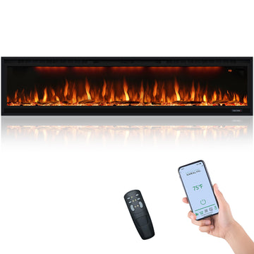 74 inch Electric Fireplace, Smart Fireplace Insert recessed in Wall and Wall Mounted fire Place Heater with Metal