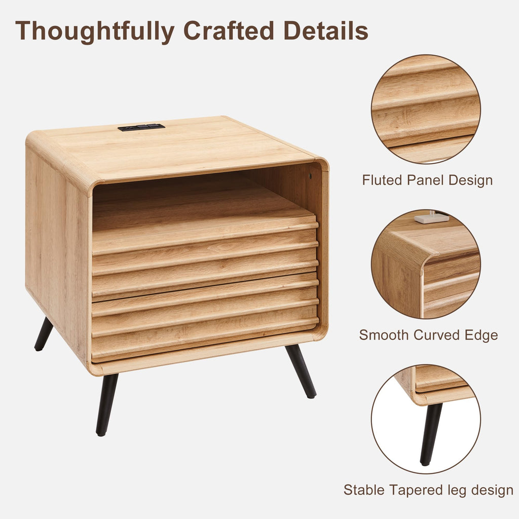 24" Fluted Nightstand with Charge Station, Natural Oak
