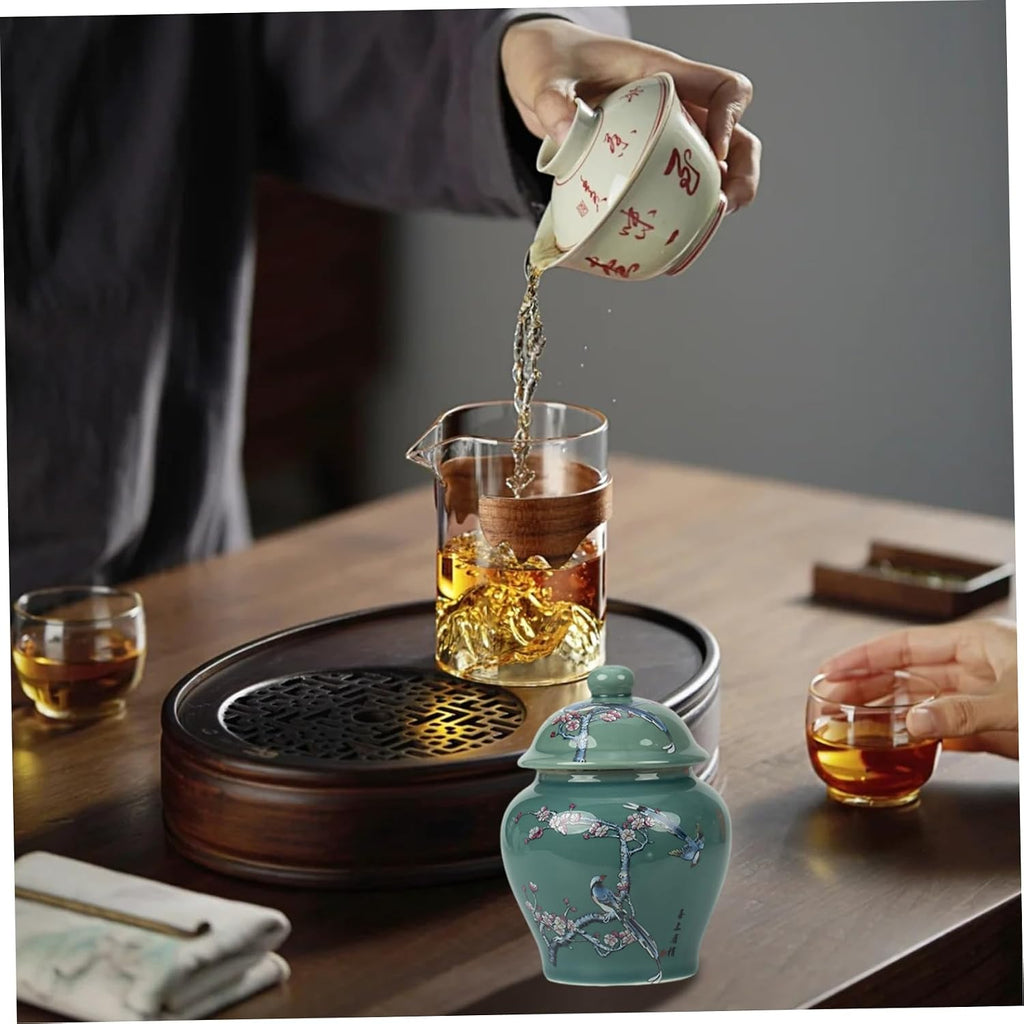 Green Ceramic Chinese Ginger Jar Vase Chinoiserie Decorative Jar with Leakproof Lid