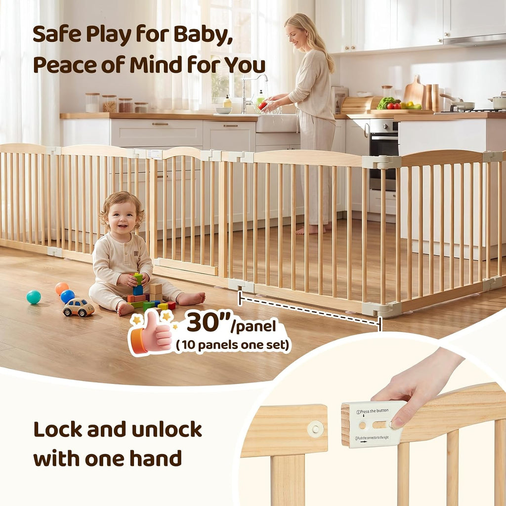 Wooden Baby Playpen, 60"×89"×25" 10-Panel Foldable Wood Play Yard with 3 Montessori Toys for Toddlers, Adjustable