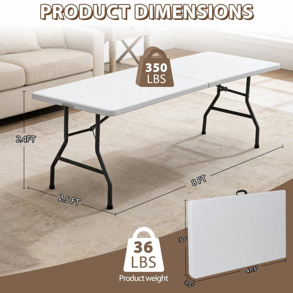 Indoor Outdoor 8ft Heavy Duty Folding Table - Portable Plastic Top w/Steel Legs & Handle for Camping, Picnics