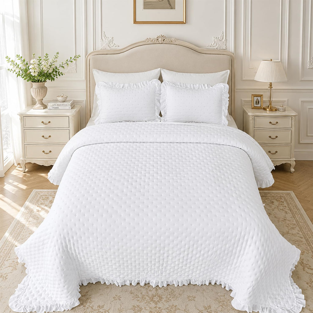 White Quilt Set, Oversized Ruffle Farmhouse Bedding