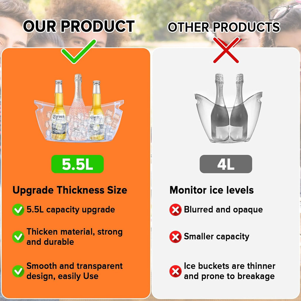 2-Pack 5.5L Ice Bucket for Parties, Portable Drink Bucket for Cocktail Bar, Extra Large Clear Beverage Tubs - Set of 2