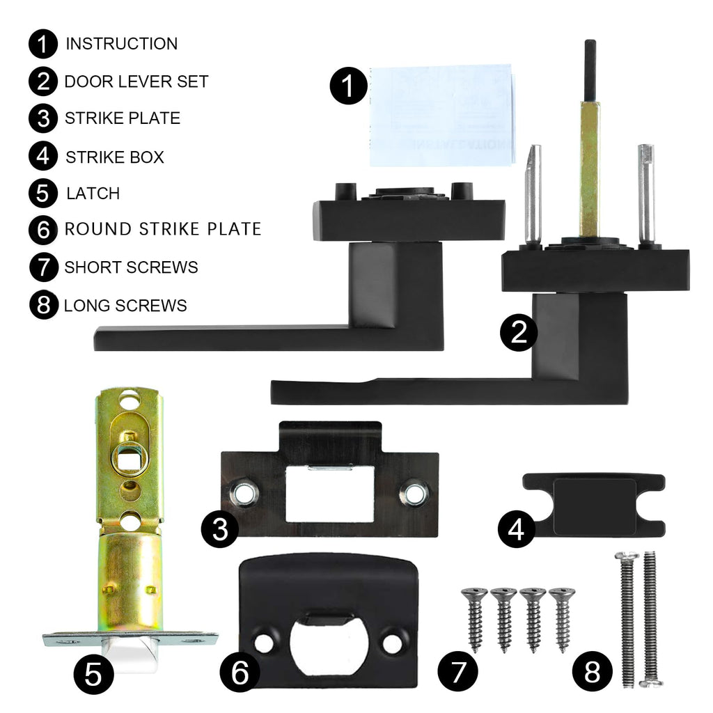 Passage Door Lever, 8 Pack Matte Black Interior Door Handles and Closet, Heavy Duty Square Interior Keyless Door