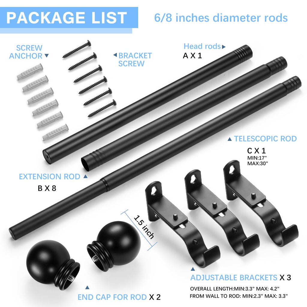 Curtain Rods for Windows 16-150", 6/8 In Black Curtain Rod, 1 Pack