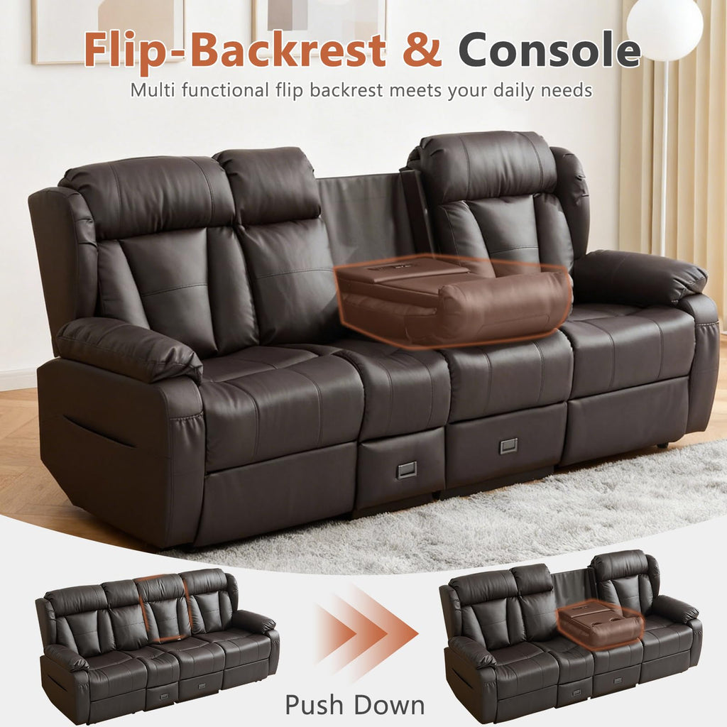 3-Seat Manual Reclining Sofa with Console, Faux Leather, Dark Brown
