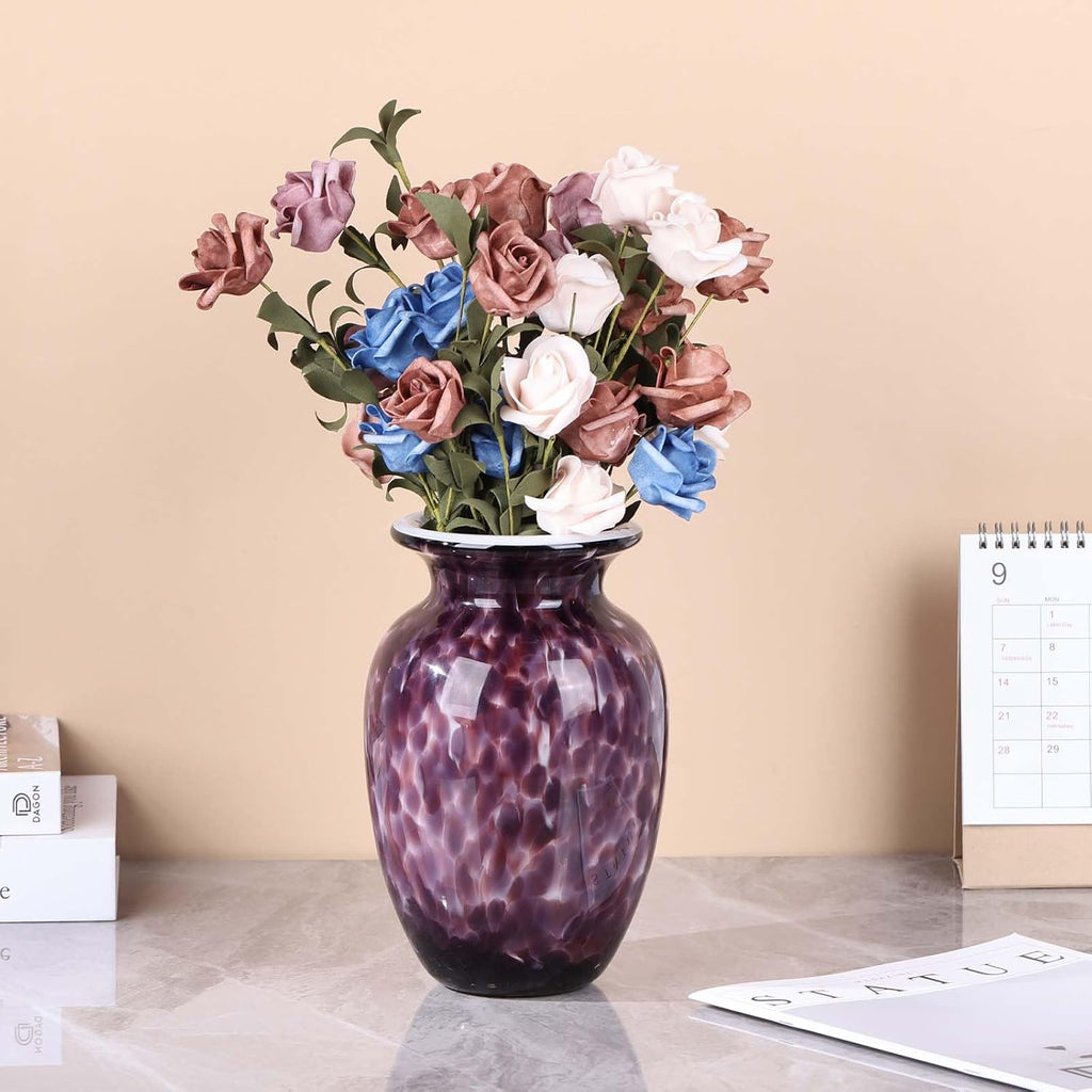9" Purple Hand Blown Glass Vase - Murano Style Art Glass Sculpture, Stained Colorful Flower Vase for Table