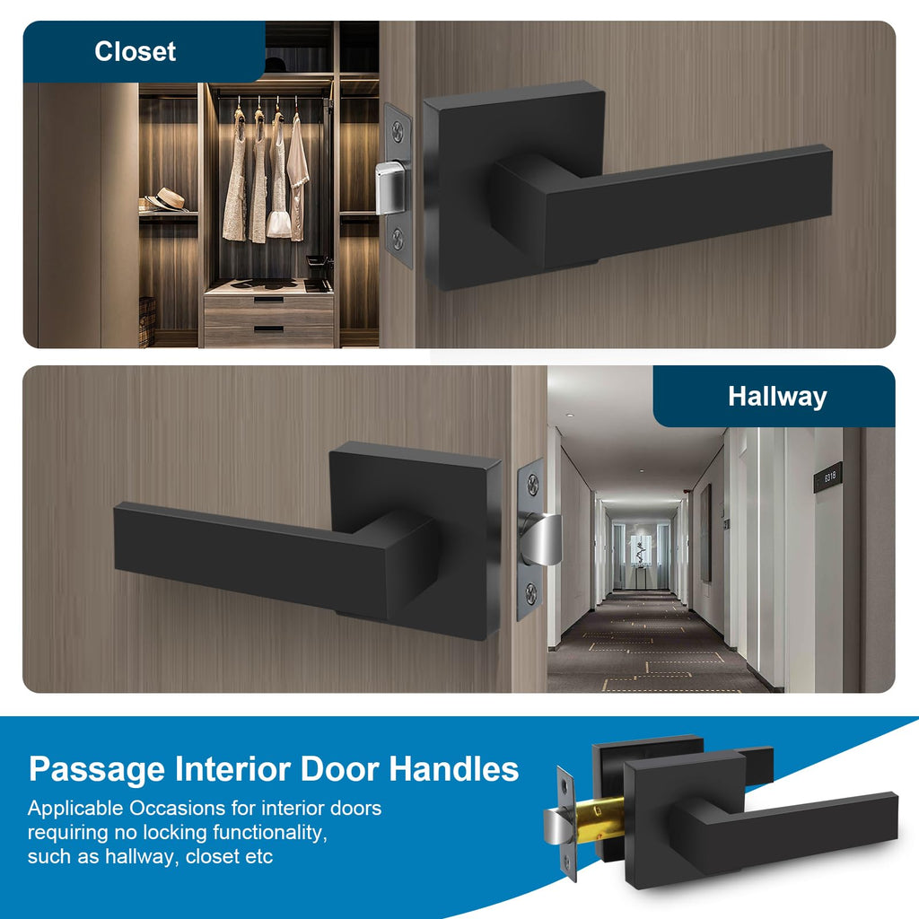 Passage Door Lever, 4 Pack Matte Black Interior Door Handles and Closet, Heavy Duty Square Interior Keyless Door