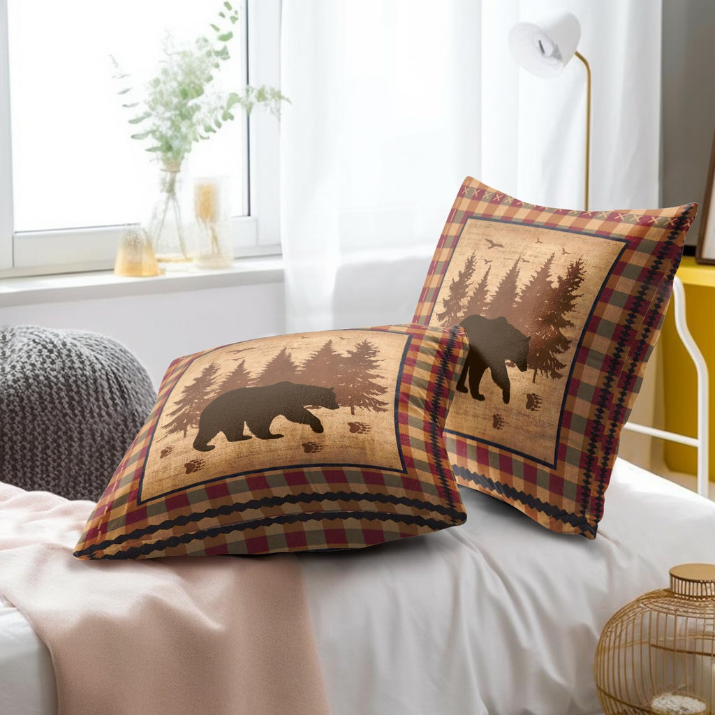 Bear Throw Pillow Covers 18x18 Inch Set of 2 Forest Cabin Nature Wildlife Square Pillowcase Buffalo Plaid Decorative
