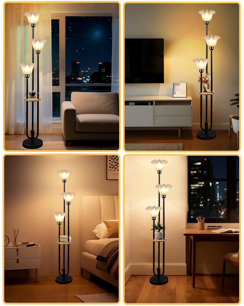 Flower Floor Lamp Dimmable Vintage Floor Lamp with Shelf & Bulbs Included Mid Century Black Floral Standing Tall Lamp