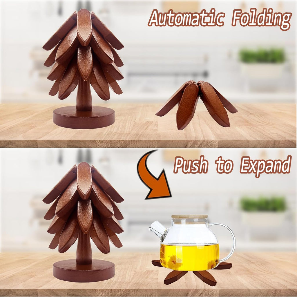 Wooden Trivets for Hot Dishes, Stackable Christmas Tree Trivet Set - Set of 4