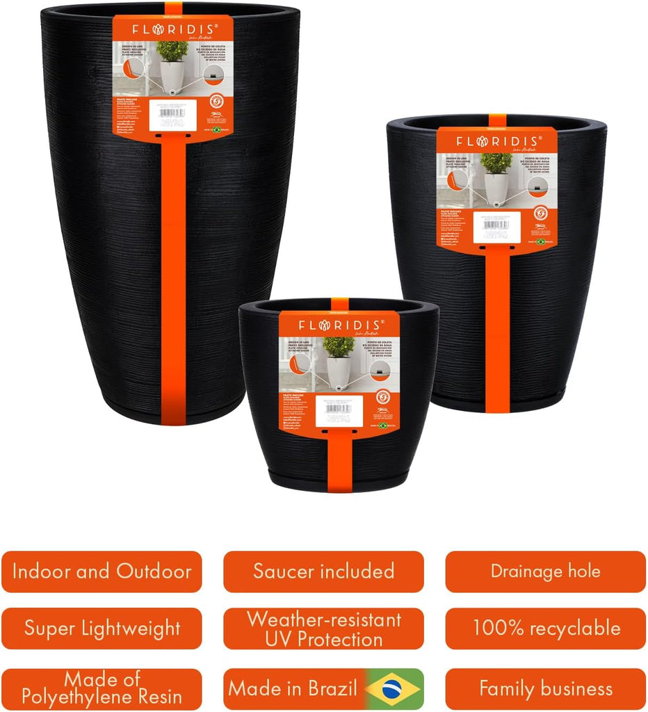Set of 3 Black Planters for Indoor Outdoor Plants, 11/17/25 Inch Plant Pots with Drainage Hole and Saucer and Front