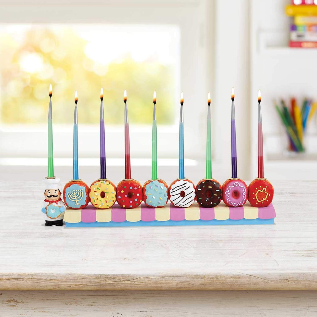Zion Judiaca Doughnuts for Children Candle Hand-Painted Chanukah Sofganiyot Chanukiah for Kids Fits Standard Hanukkah