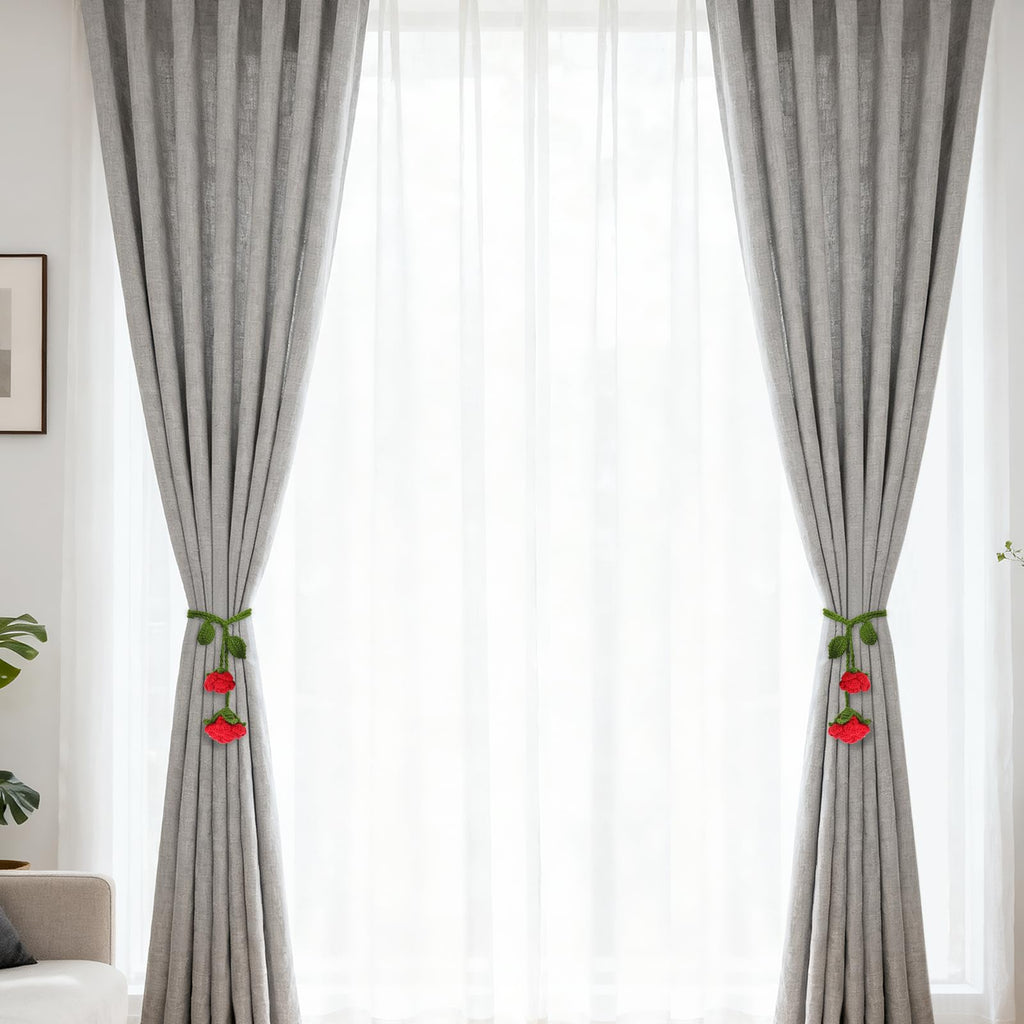 Boho Handmade Flower Curtain Tiebacks & Holdbacks, Red Roses - 2 Pack