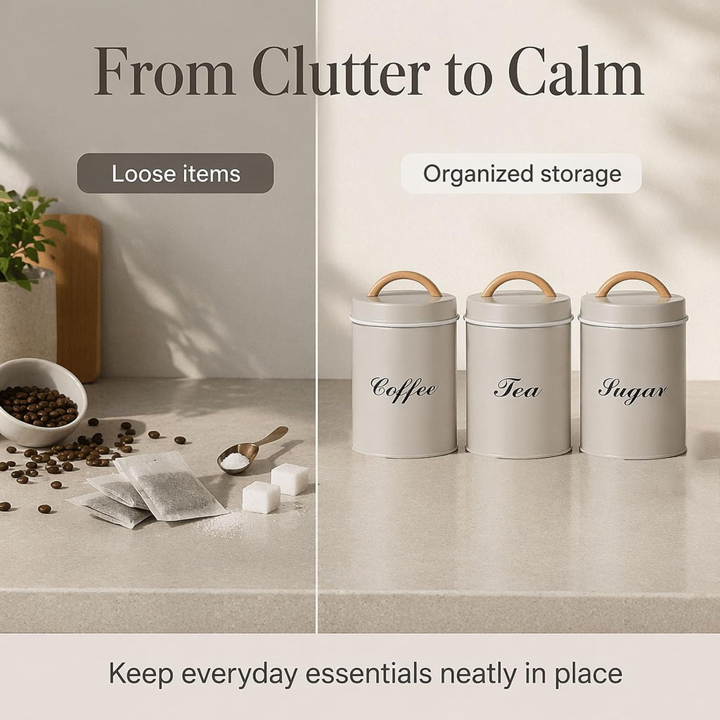 Coffee Sugar Tea Canister Set, 3 Pack Metal Kitchen Containers with Airtight Lids and Wood Handle, Labeled Food - Set of 3