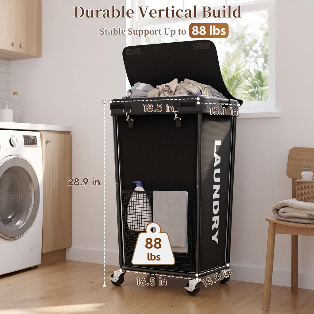 Hamper with Wheels and Lid, 110L Large Rolling Laundry Basket Black
