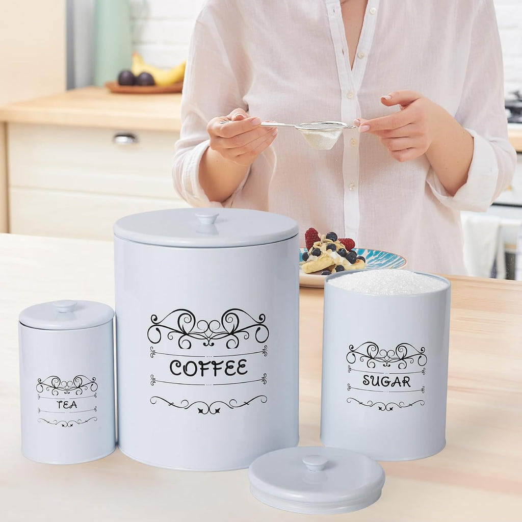 Kitchen Canisters, Vintage Coffee Tea Sugar Container Sets with Airtight Lids, Rustic Farmhouse Food Storage - Set of 3