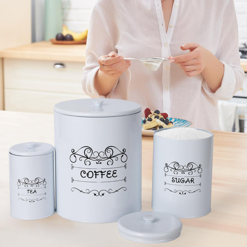 Country White Canisters Set of 3, Rustic Farmhouse Metal Containers with Airtight Lids, Kitchen Storage Canisters for