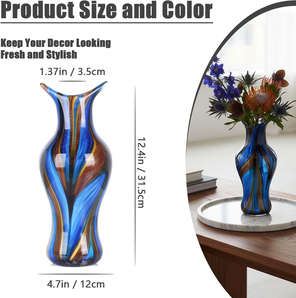 Handblown Art Glass Vase, 12.4" Tall Heavy Duty Decorative Flower Vase with Unique Swirl Pattern, Modern Murano Style