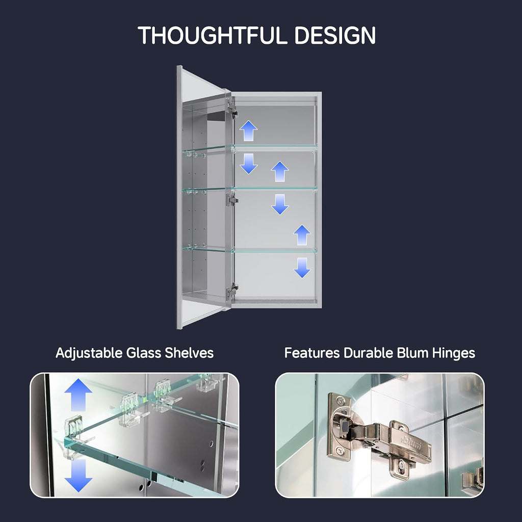 16" x 36" Medicine Cabinet with Mirror, Bathroom Mirror Cabinet | Anodized Chrome Aluminum Frame, Adjustable Shelves