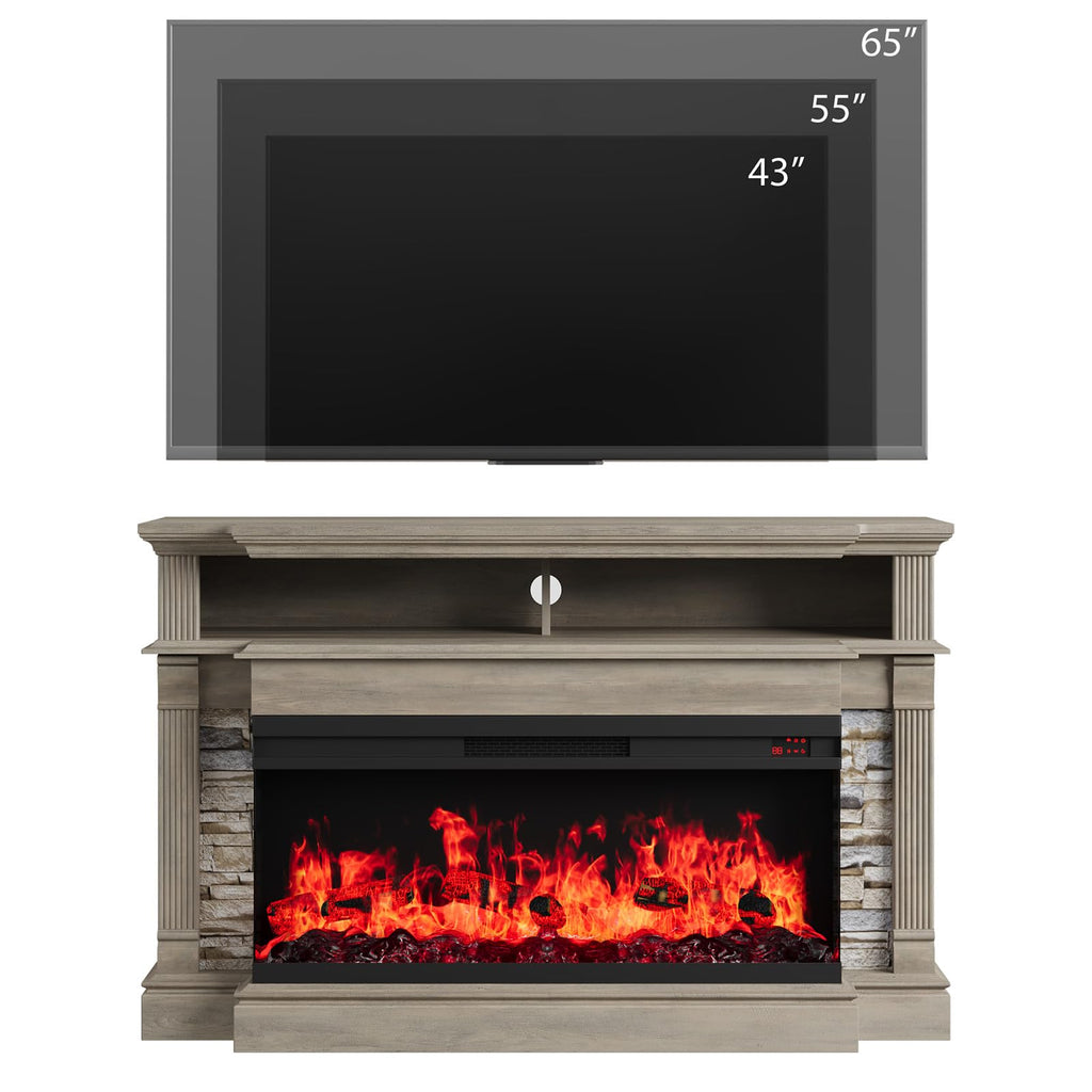Fireplace TV Stand for TVs up to 65", Farmhouse 52" Fireplace Entertainment Center with 36" 3-Side Glass Electric