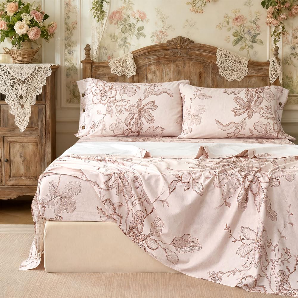 Sheets Pink Floral Sheet Set 400TC 100% Cotton Flannel-Like Warm Luxury Bed Sheet Set 4Pcs, Button Closure