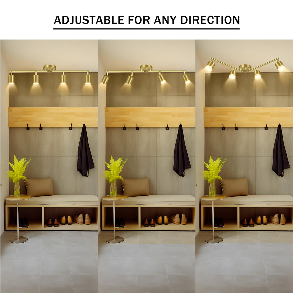 Gold LED 4 Light Track Lighting Kit, 4 Way Ceiling Spot Lighting, Flexibly Rotatable Light Head, Bulb Not Included
