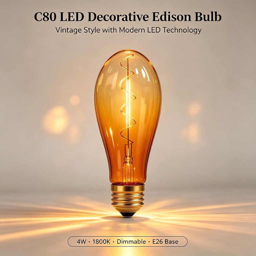 LED Edison Bulb C80,Dimmable E26 4W 1800K Warm,Gradient Orange Glass