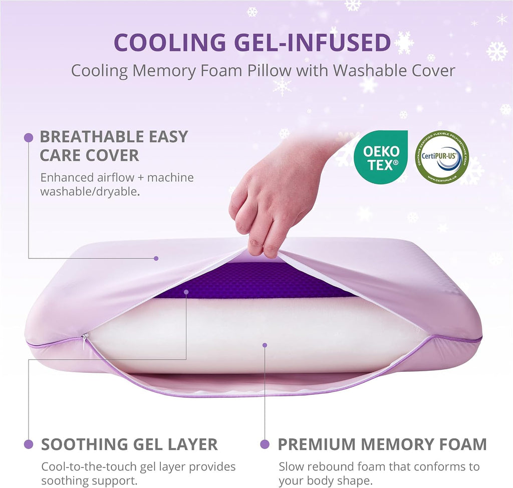 Cooling Gel Memory Foam Pillow for Hot/Side Sleepers, Neck Support, Purple | Ergonomic Pressure Relief, Fits Back &