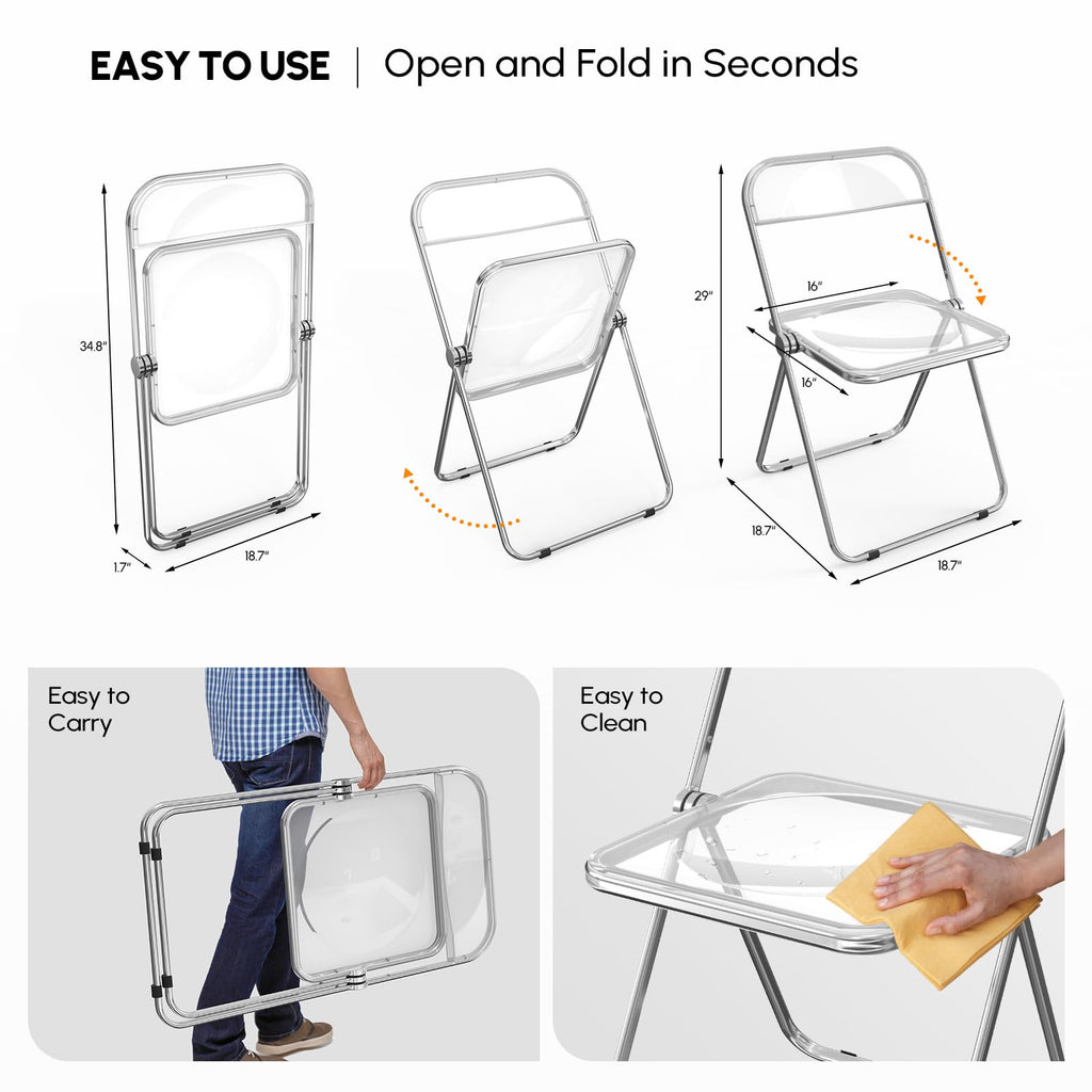 Acrylic Folding Chairs 2 Pack, Clear Chair Foldable and Stackable, Plastic Panel & Metal Chrome Frame, Weight