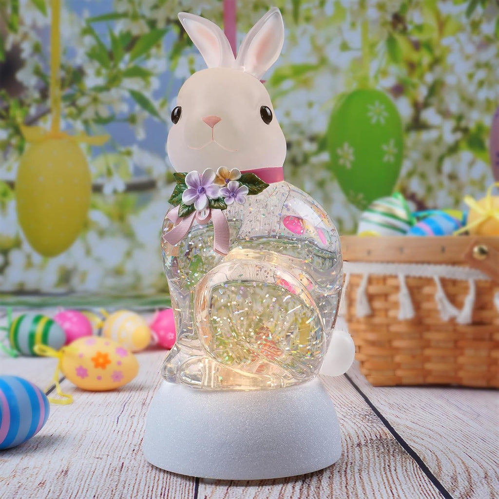 Spring Rabbit Snow Globe Lantern, Rabbit Snowglobe Decor with Swirling Glitter, 6H Timer, USB or Battery Powered