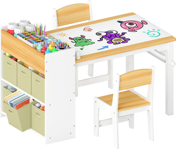 Kids Art Table and Chairs, Wooden Kids Craft Table and Chairs with Storage Bins and Paper Roll, Toddler Activity Play