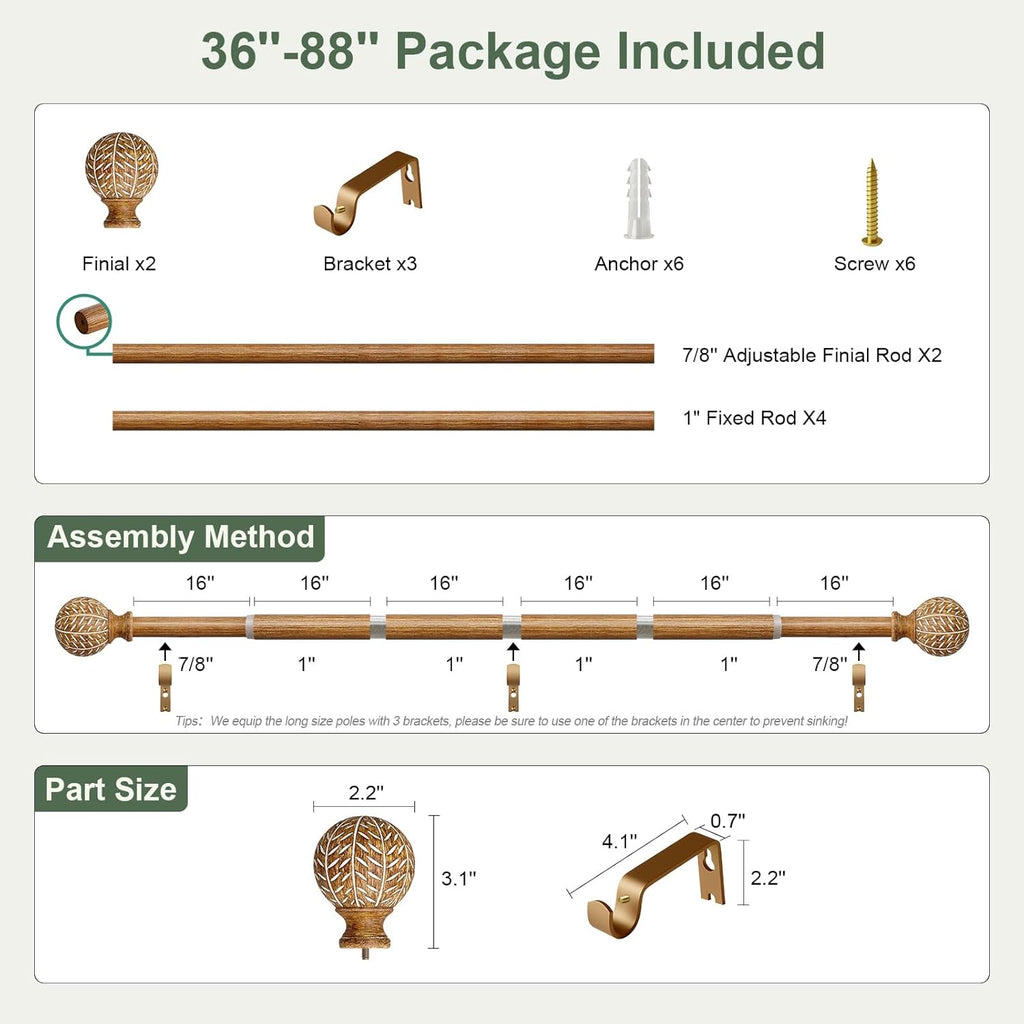 Wood Curtain Rods for Windows 48 to 84 Inch,1'' Diameter Drapery Rods with Imitation Wood Grain Leaf Pattern Finials