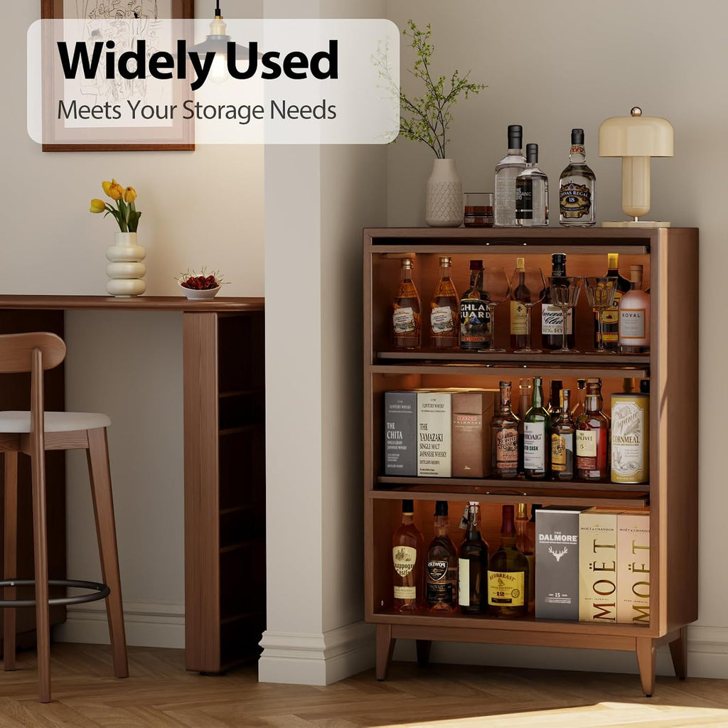 Solid Wood Bookcase with Glass Doors, 3 Shelf Bookshelves and Bookcases, Mid Century Modern Bookshelf with Glass
