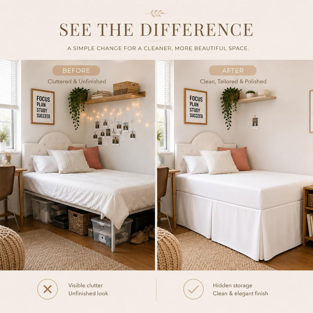Box Pleated Dorm Room Bed Skirt with Split Corners, 100% Microfiber Soft, Sheen & Luxurious Look, Tailored Drop Easy
