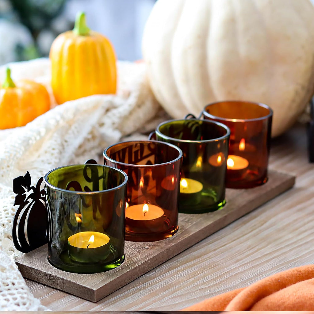 Thanksgiving Centerpieces Glass Tealight Votive Candle Holder Include 1 Candle Tray & 4 Candle Holders Fall - Set of 5