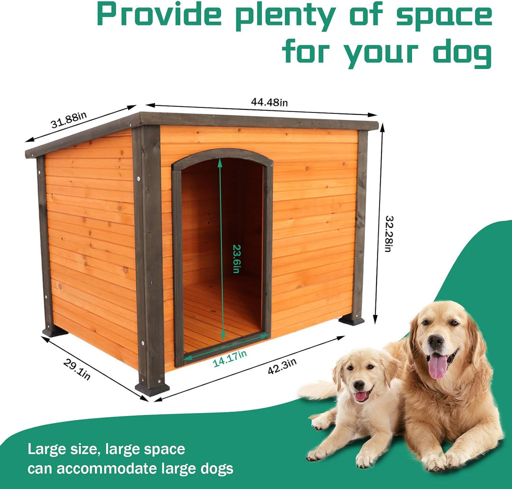 Large Dog Wooden Dog House Outdoor Indoor Weatherproof Solid Wood Kennel, Winter Strap with Elevated Feet