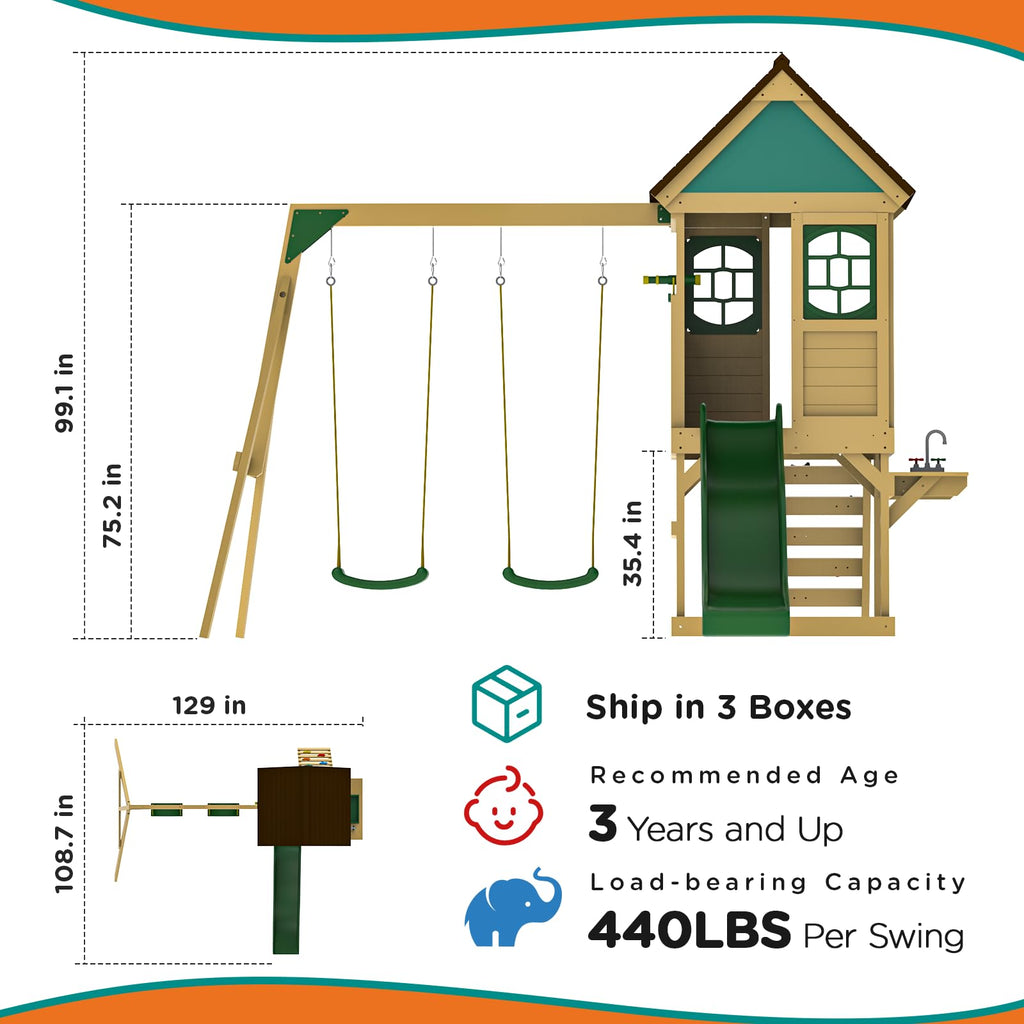 Playground Cedar Wooden Swing Set for Backyard with Playhouse