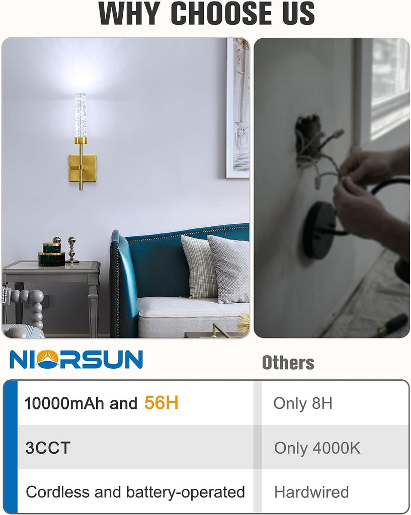 Crystal-Inspired Bubble Wireless Wall Sconces, 10000mAh Battery Operated Wall Sconces Set of 2, 3 Color Temps