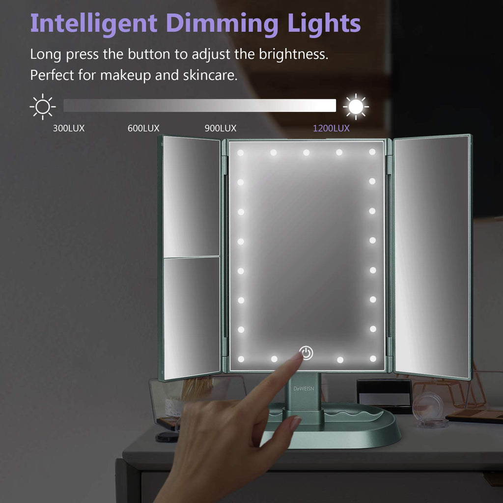 Trifold Lighted Vanity Makeup Mirror with 21 LED Lights,1x/2x/3x Magnification Touch Screen Dimming,Two Power