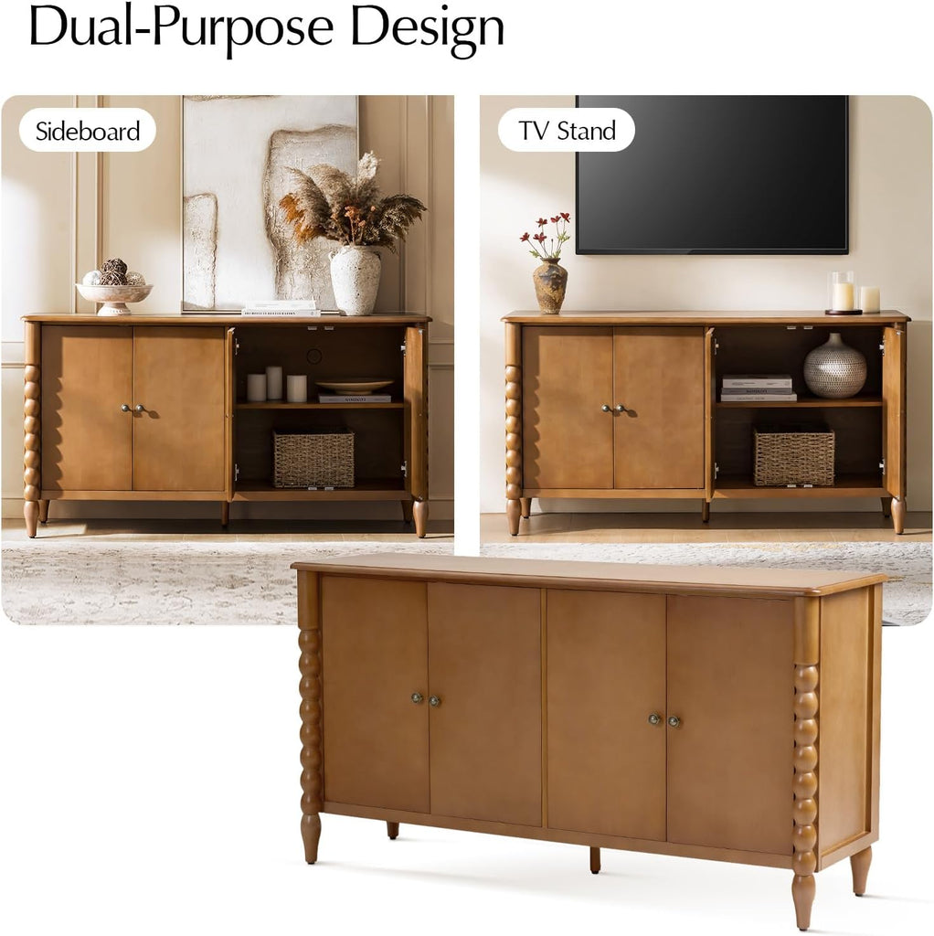 60" Sideboard Cabinet with Spindle Design, Transitional Storage Cabinet with 4 Doors, Adjustable Shelves