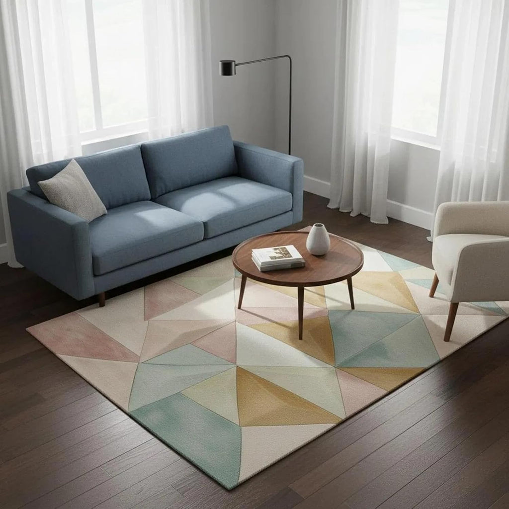 Modern Hand Tufted Wool Area Rug - Pastel Geometric Triangle Floor Carpet for Scandinavian Living Room, Bedroom