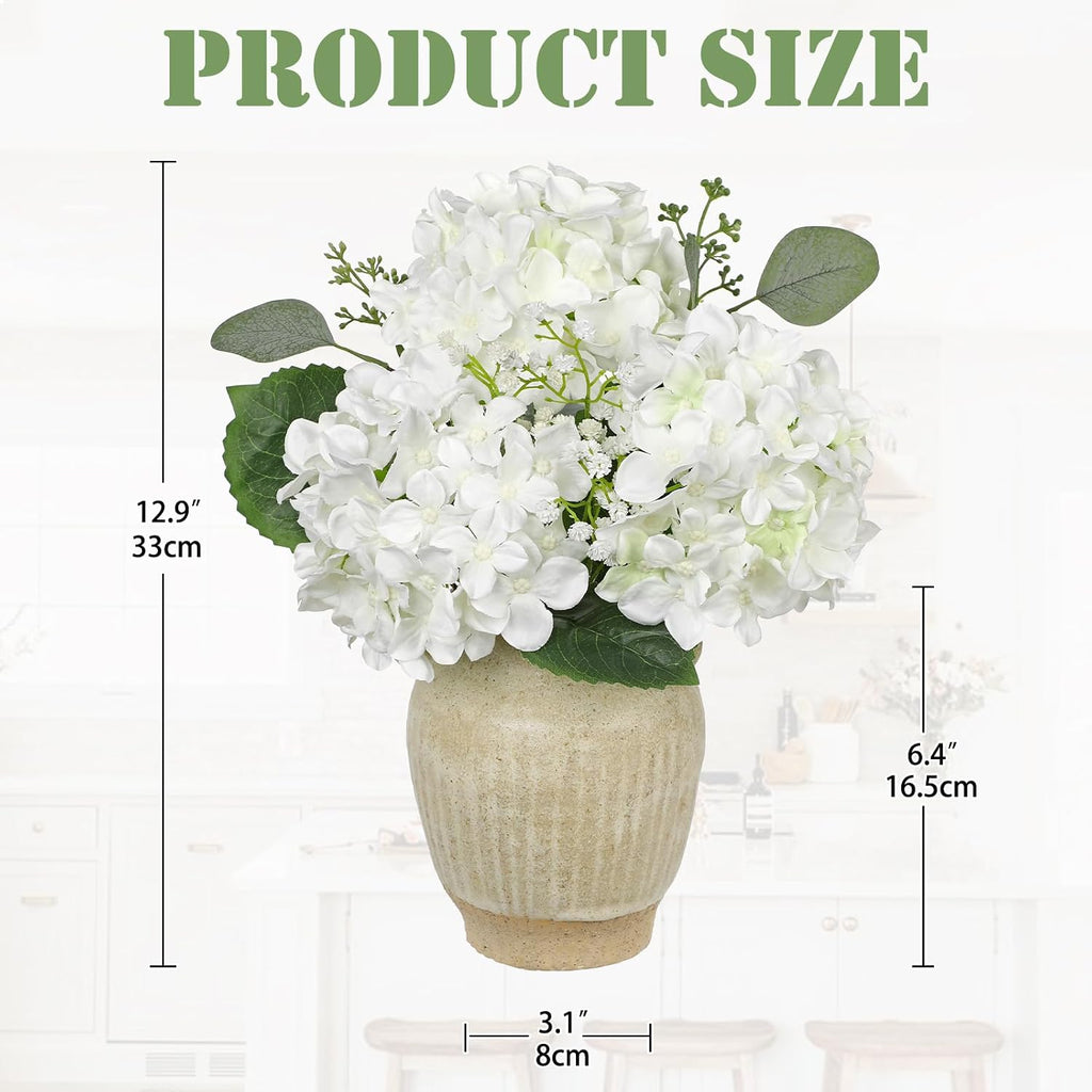 Artificial White Hydrangea in Pot with Vintage Ceramic Vase, Potted Hydrangea Arrangement - Faux Flower Centerpiece