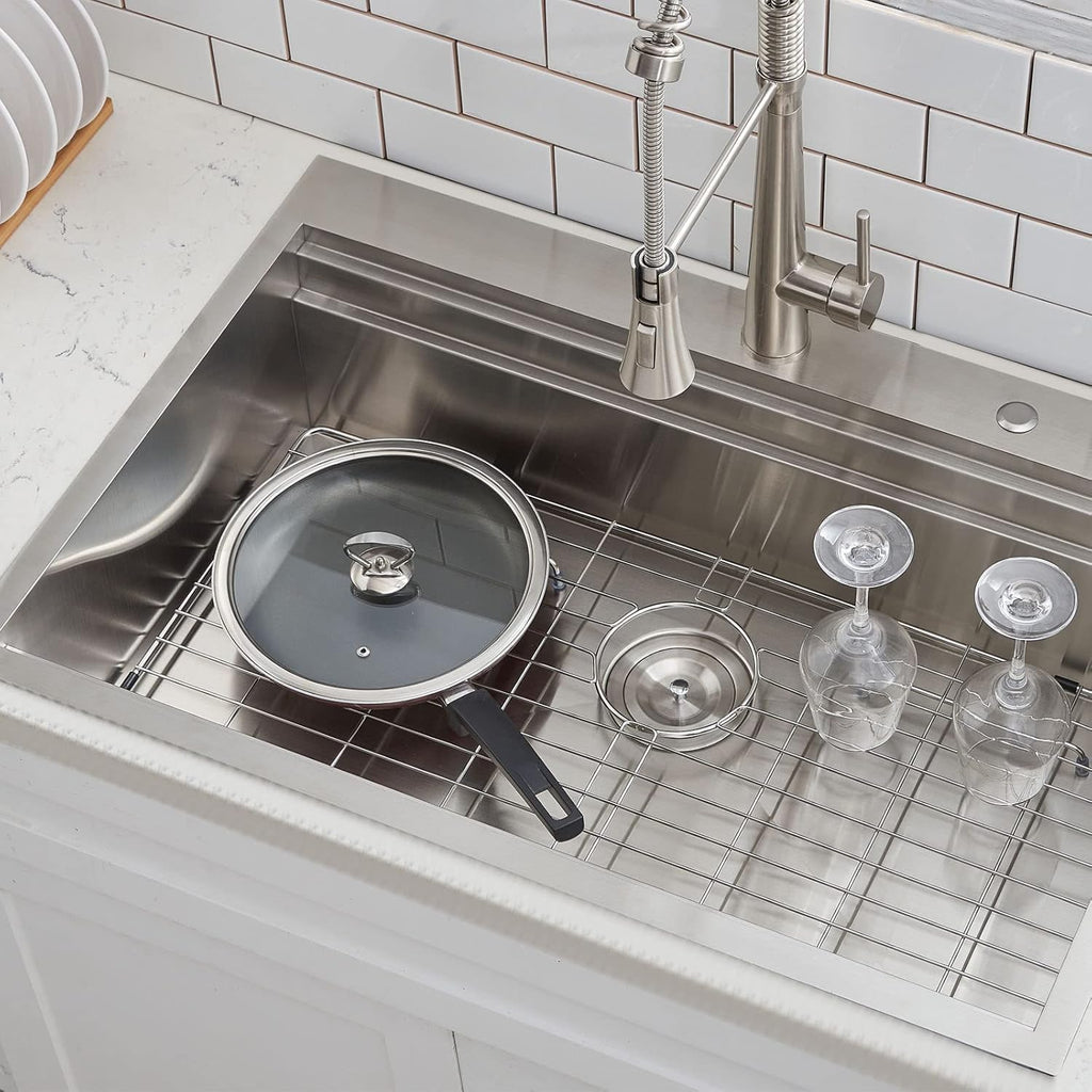 33x22 Inch Drop Sink Workstation, 33 Inch All In One SUS304 Stainless Steel Top Mount Single Bowl Overmount Double