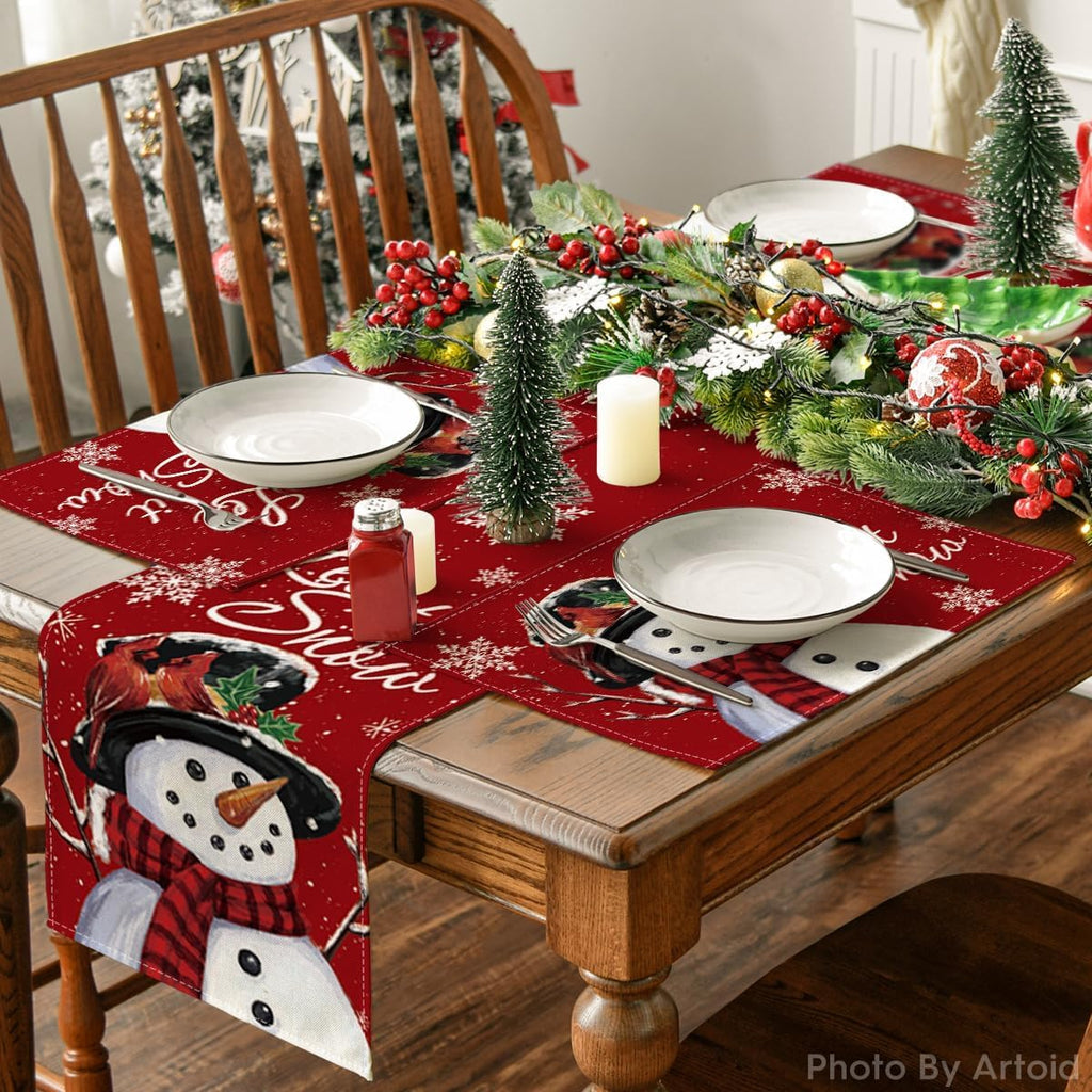Red Snowman Let It Snow Winter Placemats Set of 6, 12x18 Inch Seasonal Christmas Holiday Table Mats for Party Kitchen