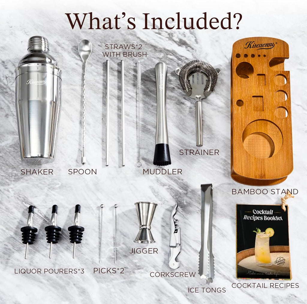Cocktail Shaker Set Bartender Kit with Stand | Bar Set Drink Mixer Set with All Essential Accessory Tools: Martini - Set of 15