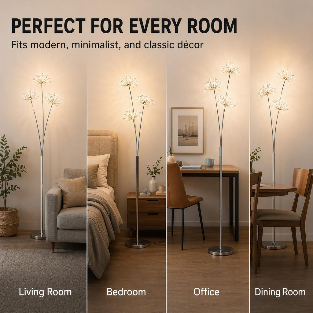 Modern Crystal Dandelion LED Floor Lamp with Remote Foot Control - 5-Head Elegant Standing Light | Includes 35x3W