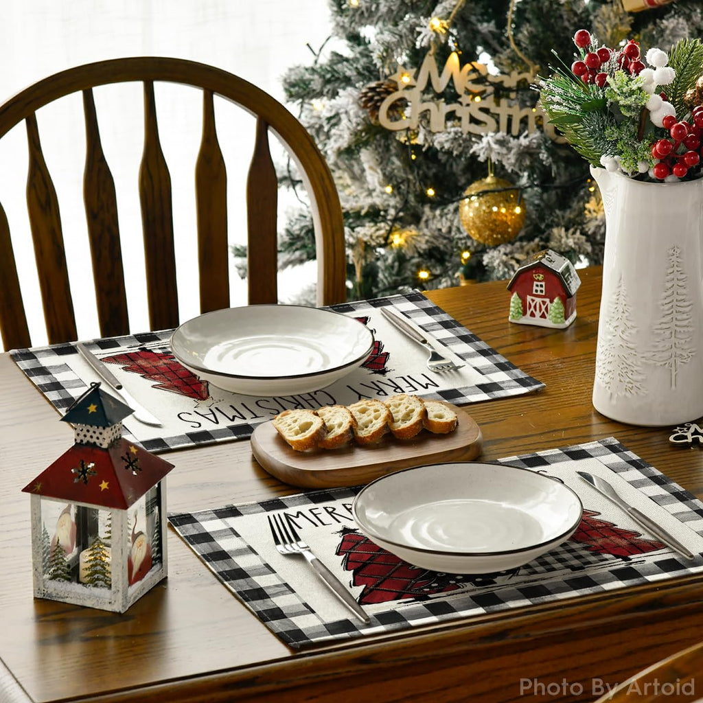 Waterclor Buffalo Plaid Christmas Trees Placemats Set of 8, 12x18 Inch Winter Table Mats for Outdoor Home Party