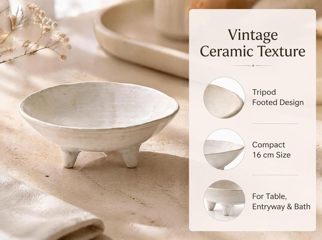 6" Small Decorative Bowl, Multi-Purpose Decorative Bowls for Keys, Candy and Home Decor, Ceramic Bowl (Retro White)