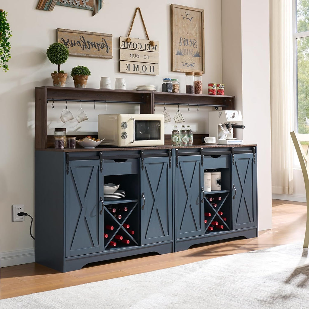 Farmhouse Coffee Bar Cabinet with Charging Station and USB, Blue | 39" Kitchen Hutch Sideboard Buffet with Sliding